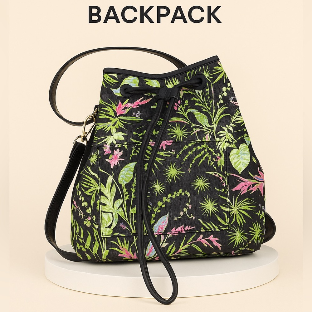 DENA DESIGNS TROPICAL PRINT & BLACK LEATHER BACKPACK